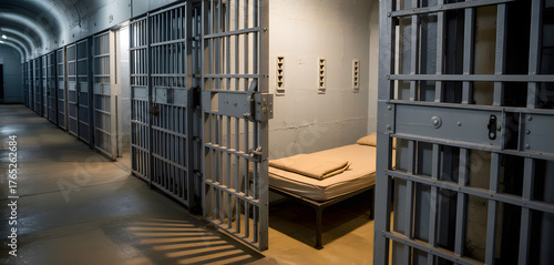 Empty prison hallway with open metal cell doors, dim lighting, and concrete walls inside correctional facility