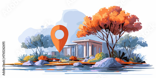 Una splendida illustrazione vettoriale raffigura un pin di localizzazione arancione posizionato davanti a una casa moderna immersa in un paesaggio naturale e sereno.