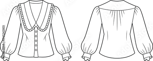 PrintWomen’s lace trim blouse technical flat sketch, elegant long sleeve button shirt front and back view, fashion apparel design template illustration.