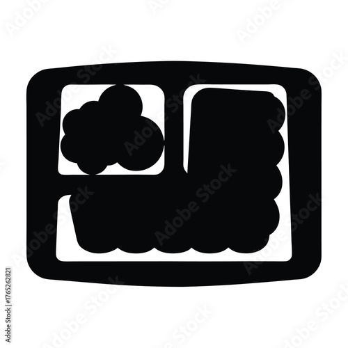 Simplified black and white bento box illustration with three compartments filled