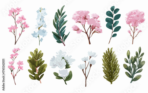 Una collezione versatile di rami floreali e fogliame in stile acquerello, perfetta per design botanici e progetti grafici primaverili.