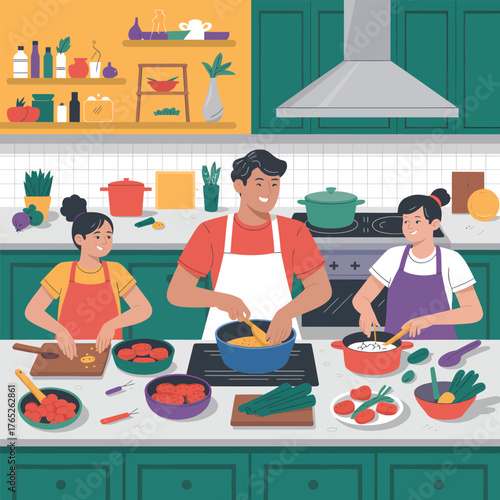 Family cooking together in a colorful kitchen preparing food Keywords: family, cooking, kitchen