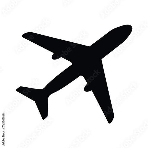 Simple monochrome silhouette of commercial airliner flying on white background, illustration