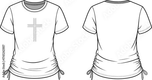 PrintWomen’s t-shirt vector template with cross line print, side drawstring detail, front and back view, fashion flat sketch illustration