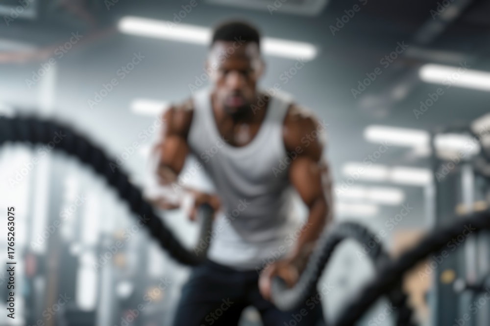 Fototapeta premium Muscular black man working out on the battle ropes in a gym. Blurry image 
