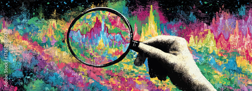 Attraverso una lente, una mano analizza un'esplosione di colori vivaci e forme astratte, scoprendo la ricchezza di un mondo creativo e digitale.