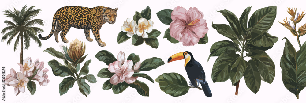 Naklejka premium Illustrazione vettoriale di flora e fauna tropicale con un leopardo e un tucano tra piante esotiche