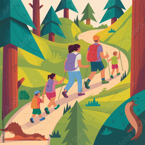 Family Hiking Up Mountain Trail With Backpacks And Trekking Poles outdoors