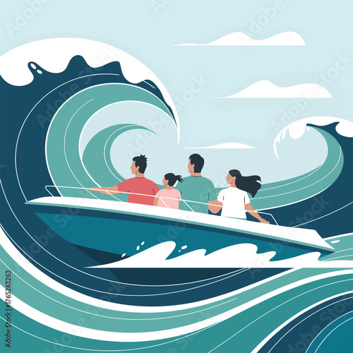 Family in Boat Amidst Turbulent Ocean Waves Under Cloudy Sky image photo