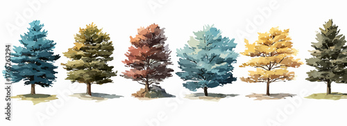 Sei alberi stilizzati con colori autunnali e invernali su sfondo bianco