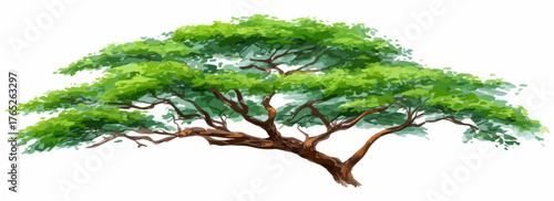 Un albero stilizzato con chioma verde brillante e tronco robusto su sfondo bianco