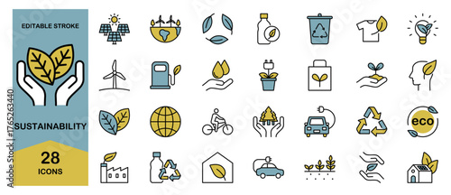 Sustainability Icon Set – Ecology, Environment, Green and Recycling. Editable Stroke, Colored Vector Illustration