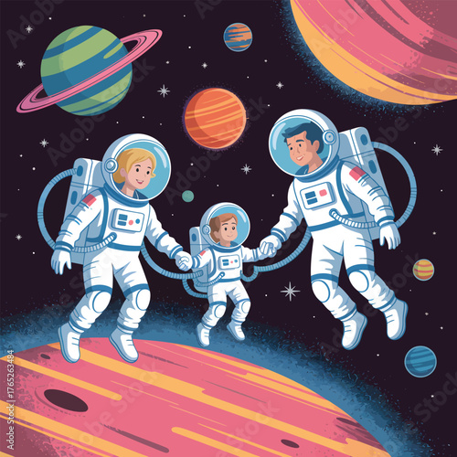 Family of astronauts in space with planets and nebulae background Keywords: family, astronauts