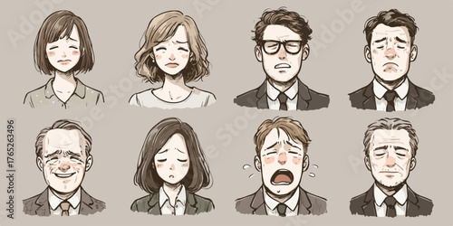Diverse espressioni emotive umane raffigurate in uno stile artistico vettoriale.