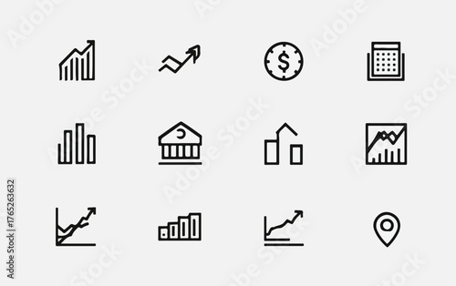 Icone minimaliste vettoriali che rappresentano concetti di finanza, economia e investimenti con grafici.