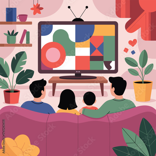 Family Relaxing on Sofa Watching Abstract Art on TV television screen