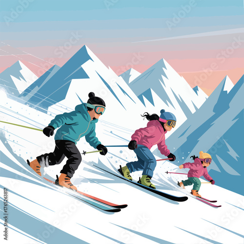 Family skiing down a snowy mountain slope with majestic peaks image photo