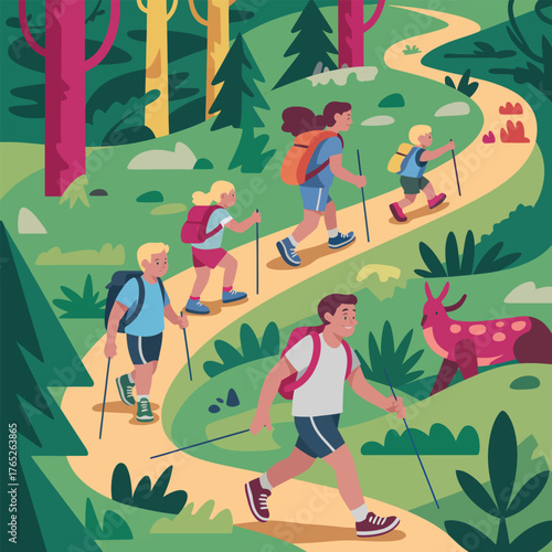 Family Trekking On Winding Forest Path With Backpacks And Poles outdoors