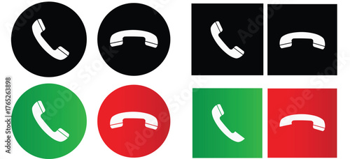 A collection of phone call icons in various styles and colors, including black, white, green, and red, representing different states such as incoming, outgoing, and missed calls isolated on white back