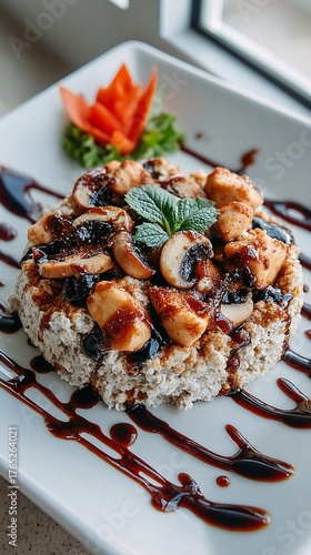 Delicious Chicken and Mushroom Dish on a White Plate Garnished Elegantly