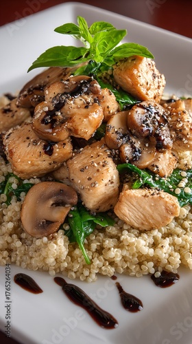 Delicious chicken and mushroom dish served on quinoa with greens