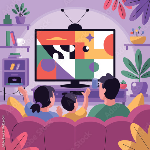 Family Watching Abstract Shapes on a Retro Television Screen image photo