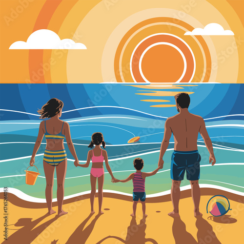 Family watching the sunset on a beach with colorful ocean waves image photo