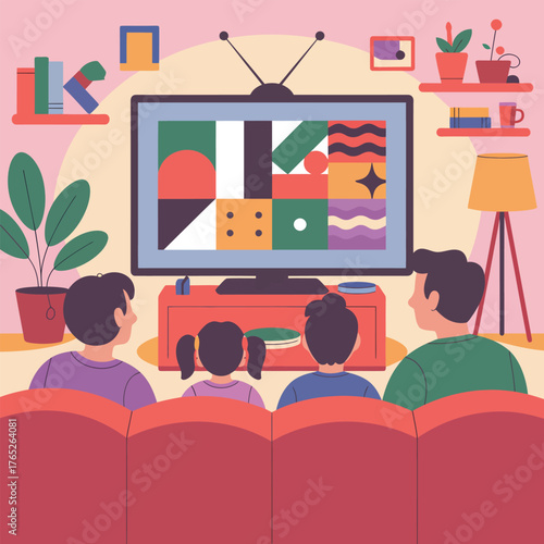 Family Watching Colorful Abstract Patterns on a Television screen