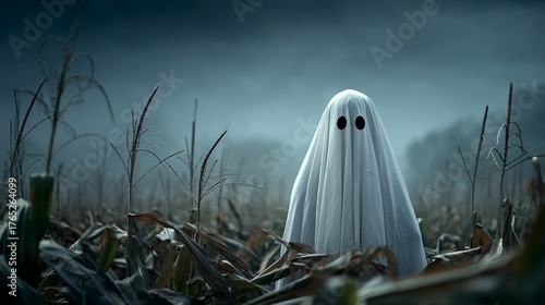 Spooky Ghost Figure in Cornfield at Dusk with Misty Background