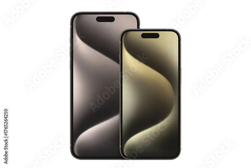 Two modern smartphones side by side, one dark gray and one gold, isolated on white background