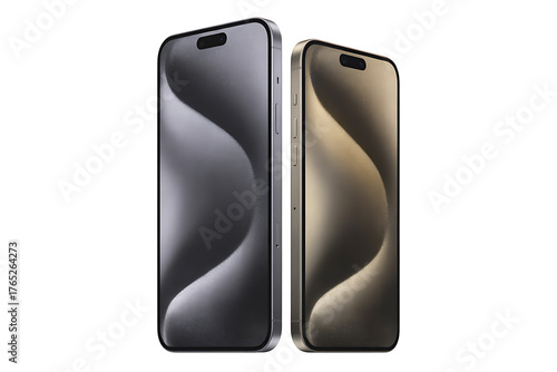 Two modern smartphones side by side, one dark gray and one gold, isolated on white background