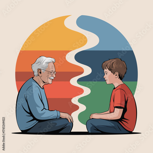 Grandfather and grandson sitting opposite each other with a colorful rainbow divide