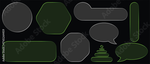 Geometric shapes in dark gray and bright green present a minimal futuristic appearance