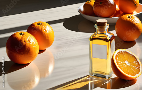 Bottle of orange essensian oil. Health and wellness concept