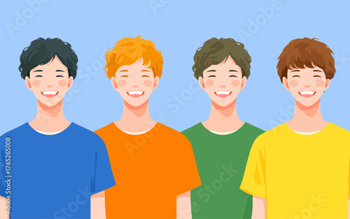 多様な髪色とカラフルなTシャツを着た4人の若者が、満面の笑顔で並び立つ様子を描いた、ポジティブな印象を与えるベクターイラストレーション。