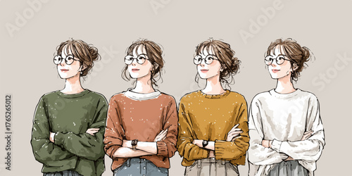 異なる個性を持ちながらも統一感のあるカジュアルな服装の若い女性たちが、眼鏡をかけ腕を組み、未来や目標を静かに見つめる様子を描いた、現代的で親しみやすいベクターイラストレーション。