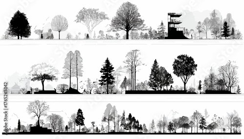 多様な樹木のシルエットが並ぶベクターイラストのコレクションは、建築パースや景観デザイン、ウェブサイトの背景など、幅広い用途で活用できる汎用性の高いグラフィック素材です。