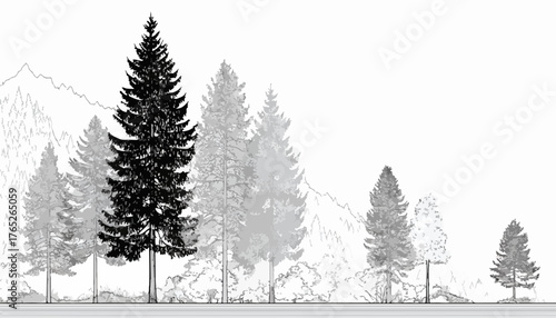 モノクロームで描かれた針葉樹林の風景イラストは、前景の鮮明な木々と遠景のぼやけた山々が奥行きを演出し、デザイン素材として活用できるベクター画像です。
