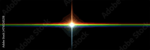 黒色の背景に虹色の光線が交差して輝く、抽象的なベクターイメージで、未来的なデザインやテクノロジー関連のコンテンツに最適です。