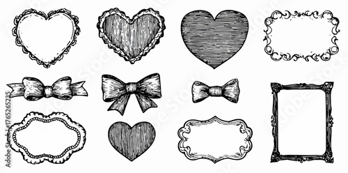 手描きのハートやリボン、フレームのベクターイラストで、バレンタインや結婚式の招待状、グリーティングカードなどのデザインに最適です。