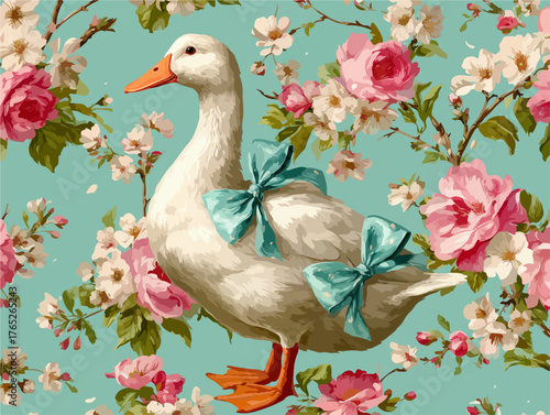 愛らしいアヒルのイラストレーションと、バラの花柄が組み合わさった、春らしいベクターデザインです。背景は水色で、リボンがアクセントになっています。