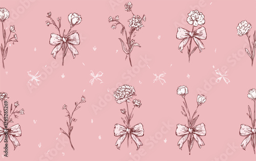 ピンクの背景にリボンと可愛らしい花のイラストが描かれたシームレスなベクターパターン