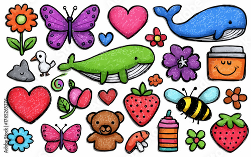 可愛らしいイラストのセット：花、蝶、クジラ、クマ、イチゴ、蜂、ハートなど、多くの要素が含まれています。
