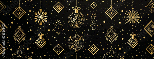 黒い背景に輝く金色の幾何学模様と装飾が施された、シームレスでエレガントなベクターデザインの豪華なホリデーパターン。