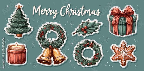 クリスマスツリー、リース、ベル、プレゼント、キャンドル、ヒイラギ、ジンジャーブレッドクッキーなど、ホリデーシーズンを彩る手描き風の温かいベクターイラストステッカーセット。