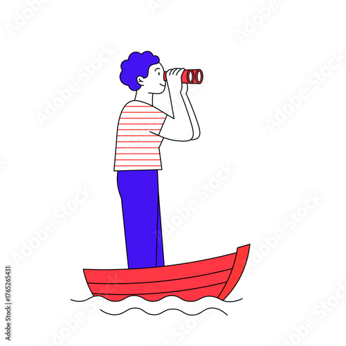 A person standing on a small boat and looking through binoculars. Concept of migration, searching for a new life or opportunities abroad. Modern illustration in a vector style.