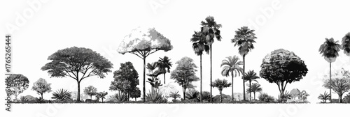 様々な種類の木々や熱帯植物のシルエットが横一列に並ぶ、白黒の美しいベクターイラストレーションは、自然の豊かな多様性と環境の美しさを表現したデザイン素材として最適です。