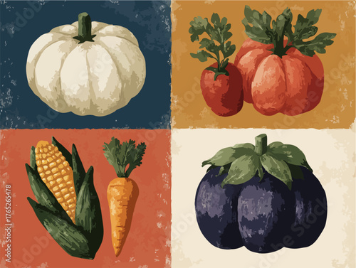 様々な野菜が描かれた、レトロな雰囲気のイラストです。カボチャ、トマト、トウモロコシ、ニンジン、ナスなど、新鮮な野菜がカラフルに表現されています。