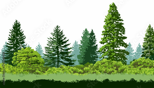 緑豊かな森林風景をベクター形式で表現し、自然の美しさと静けさを伝えるイラストレーションです。