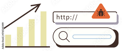 Bar graph with upward trend arrow, browser search bar, and malware warning on a URL. Ideal for cybersecurity, internet safety, online analytics, growth, SEO strategy, data trends simple flat